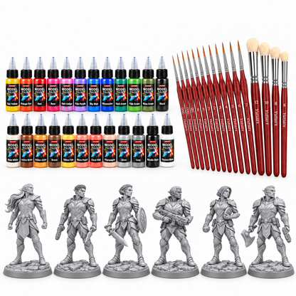 Sylvani Starter Set contents: six unpainted resin miniatures with scenic bases, 24 ZANERAY acrylic paints and 15 Yutiars brushes.