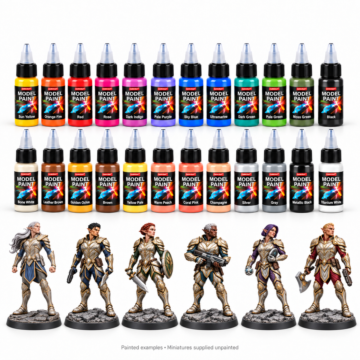 24 ZANERAY acrylic colours with six Sylvani painted references; miniatures supplied unpainted.
