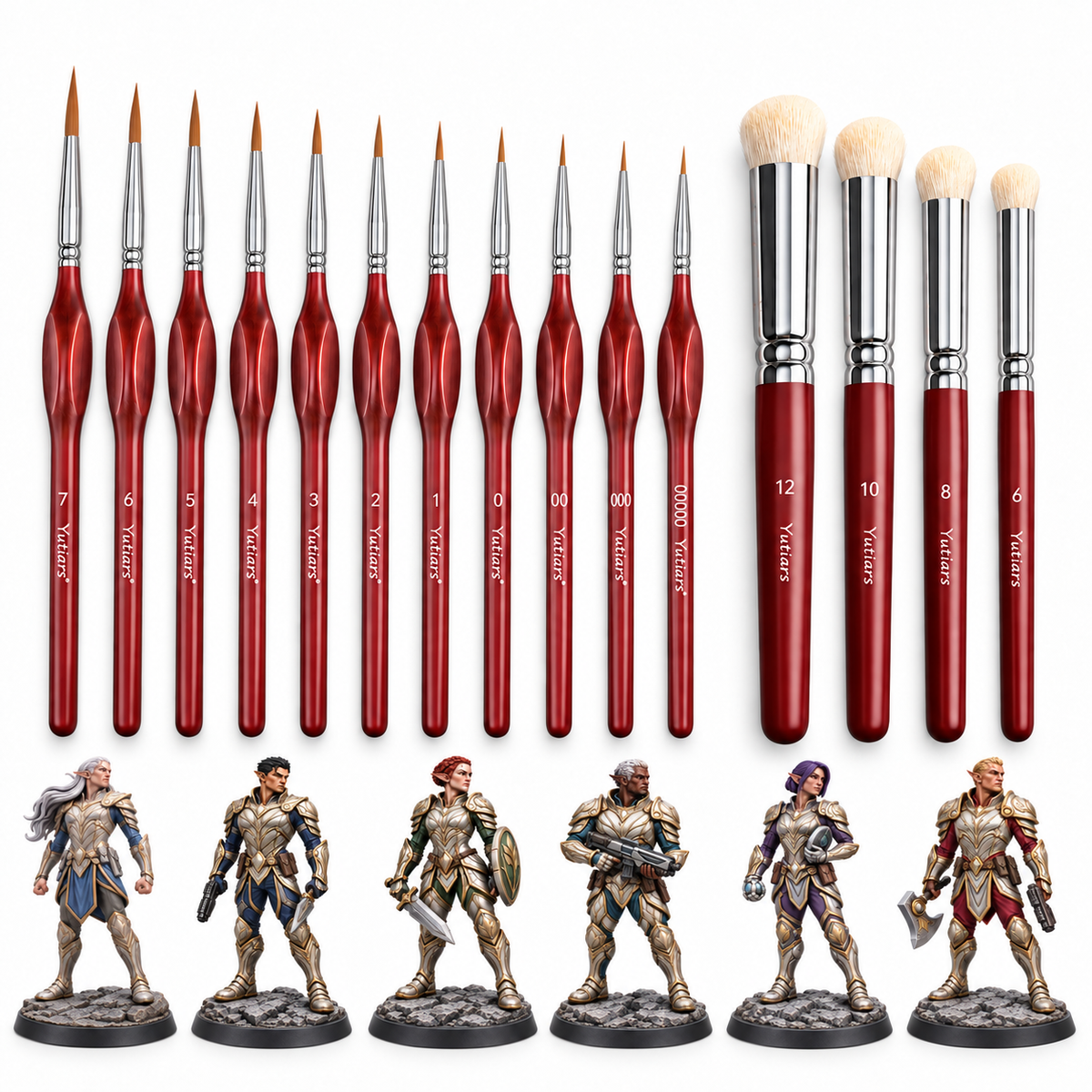 Complete 15-piece Yutiars brush set with the six included Sylvani character designs shown as painted references.
