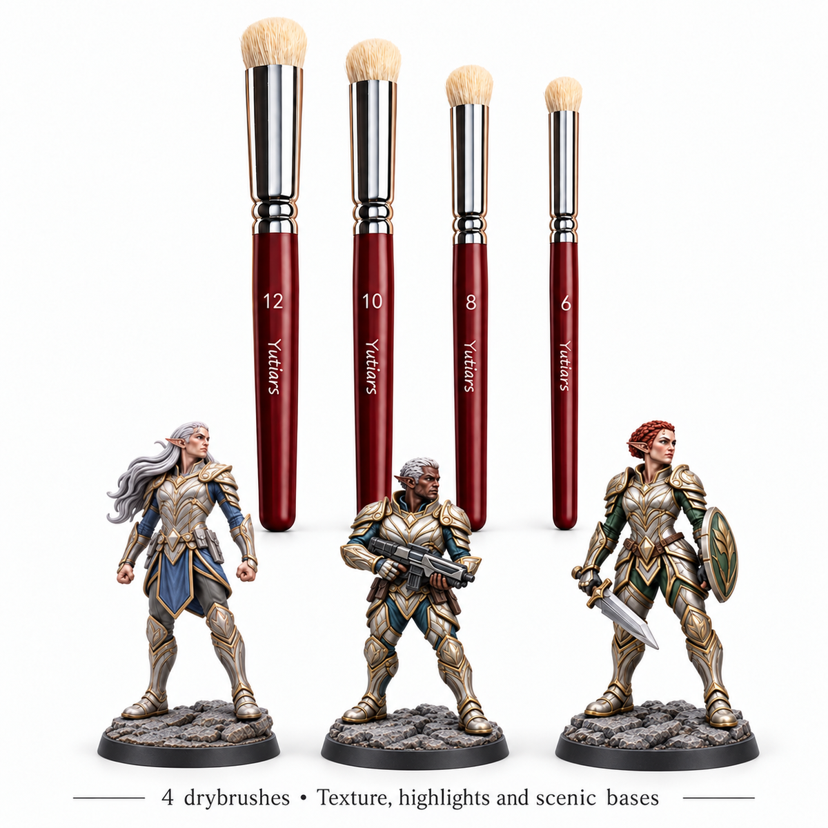 Four Yutiars drybrushes, sizes 12, 10, 8 and 6, with Rhex, Orynd and Serath painted references.