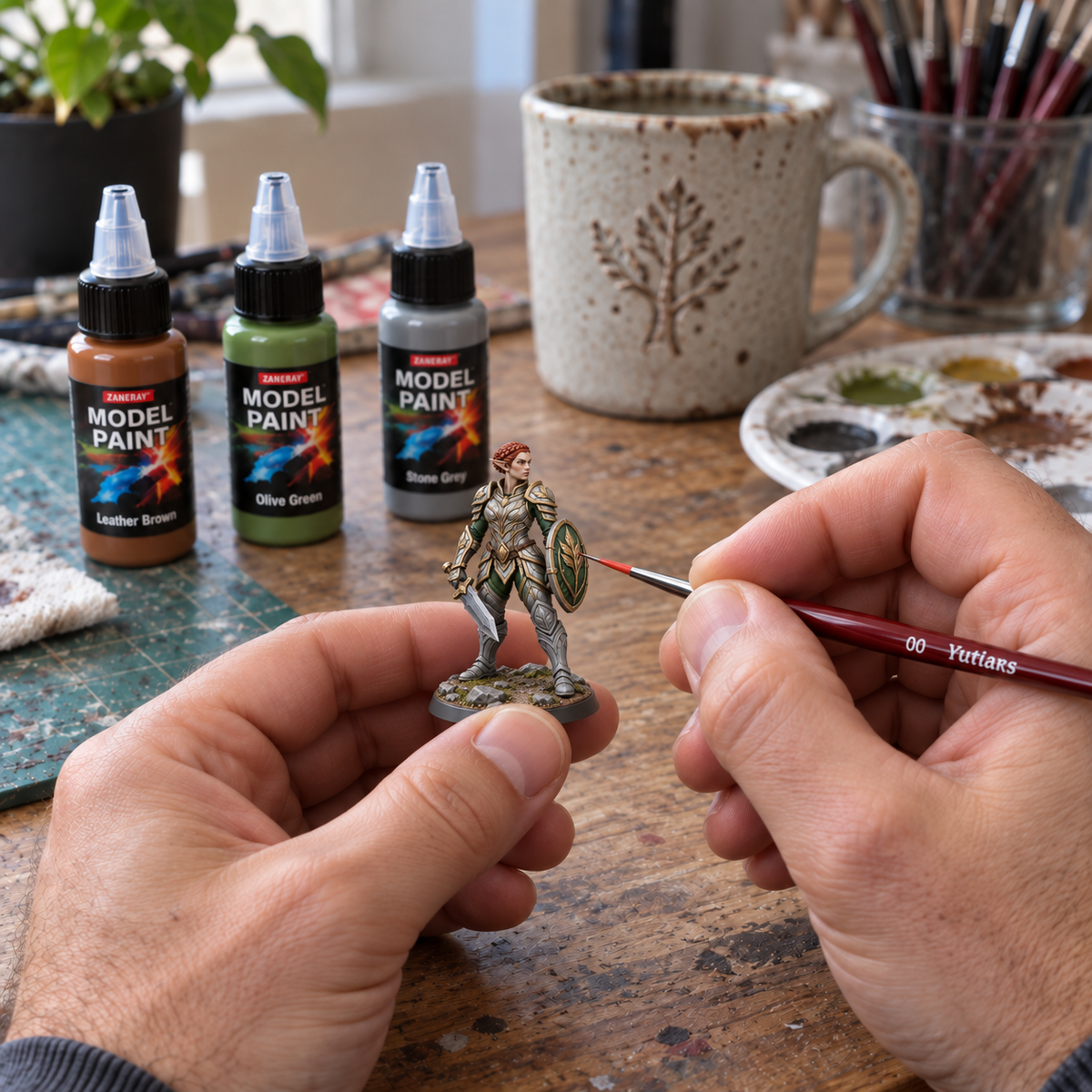 Digitally created painting inspiration: a small Serath miniature held between fingers while painting her shield.