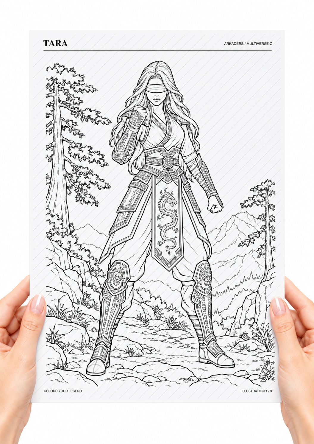 Tara colouring page held in hands