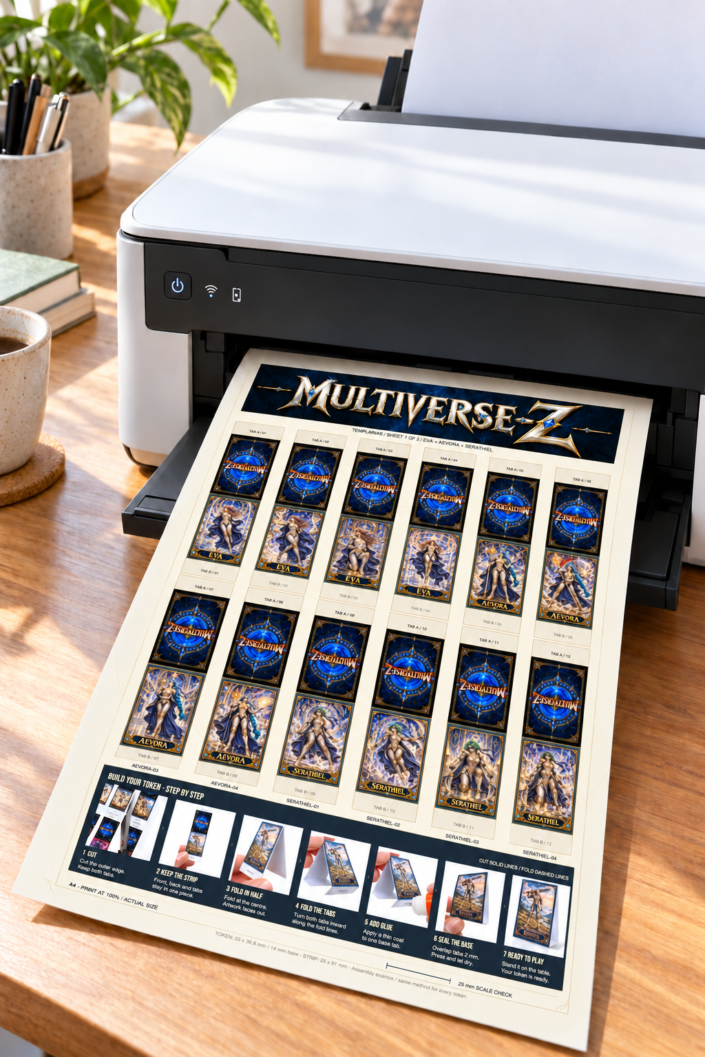 Templarias Sheet 1 of 2 — home printer printing the final twelve-token A4 sheet with seven-step Kronos assembly guide