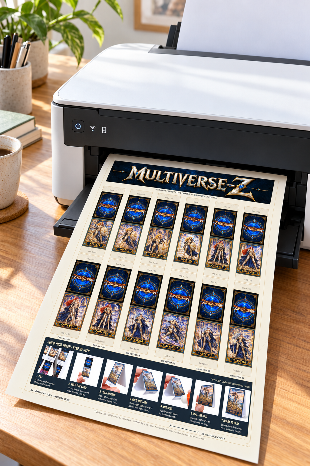 Templarias Sheet 2 of 2 — home printer printing the final twelve-token A4 sheet with seven-step Kronos assembly guide