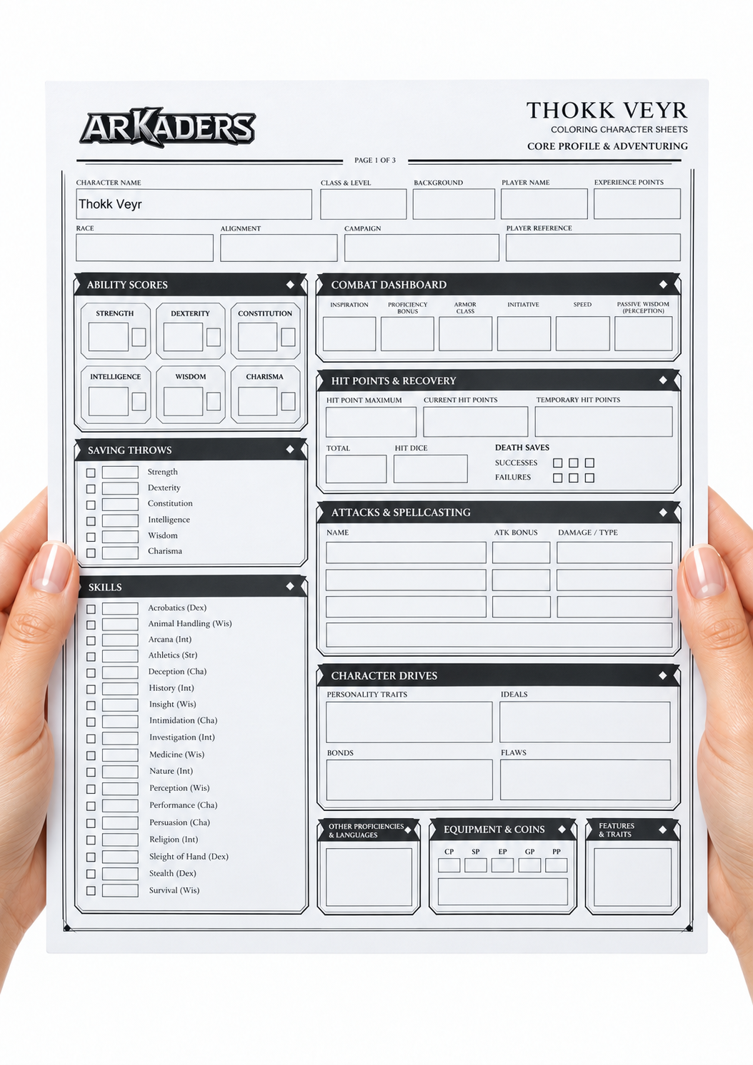 Thokk Veyr Coloring Character Sheet — hands holding front page