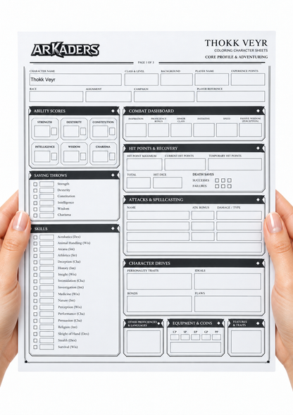 Thokk Veyr Coloring Character Sheet — hands holding front page
