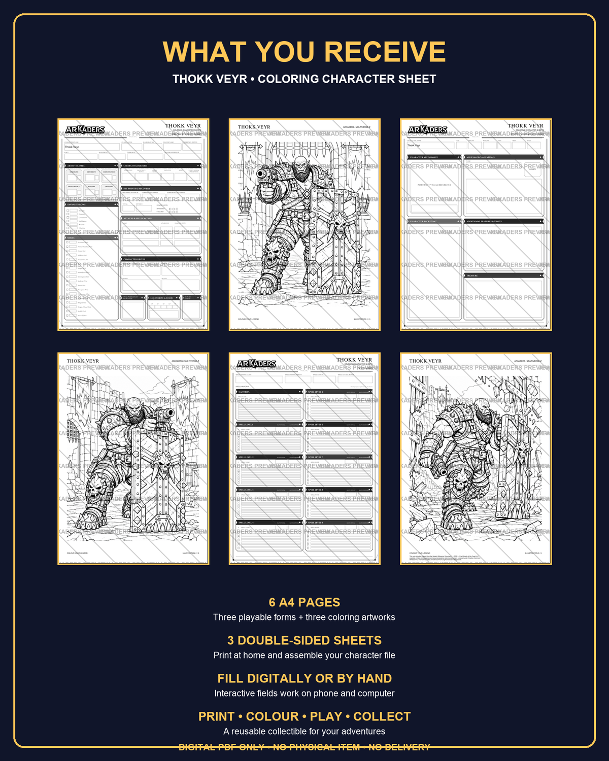 Thokk Veyr Coloring Character Sheet — six-page contents
