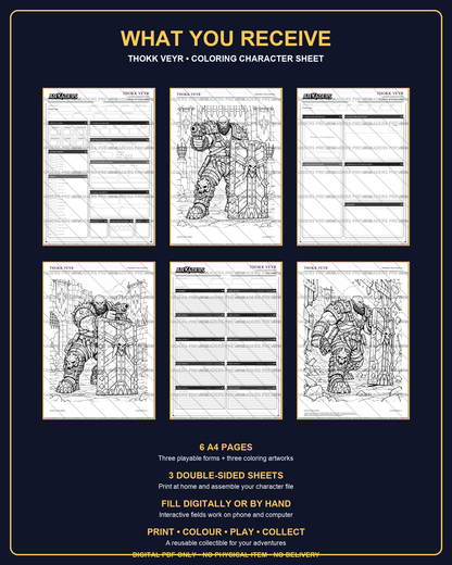 Thokk Veyr Coloring Character Sheet — six-page contents