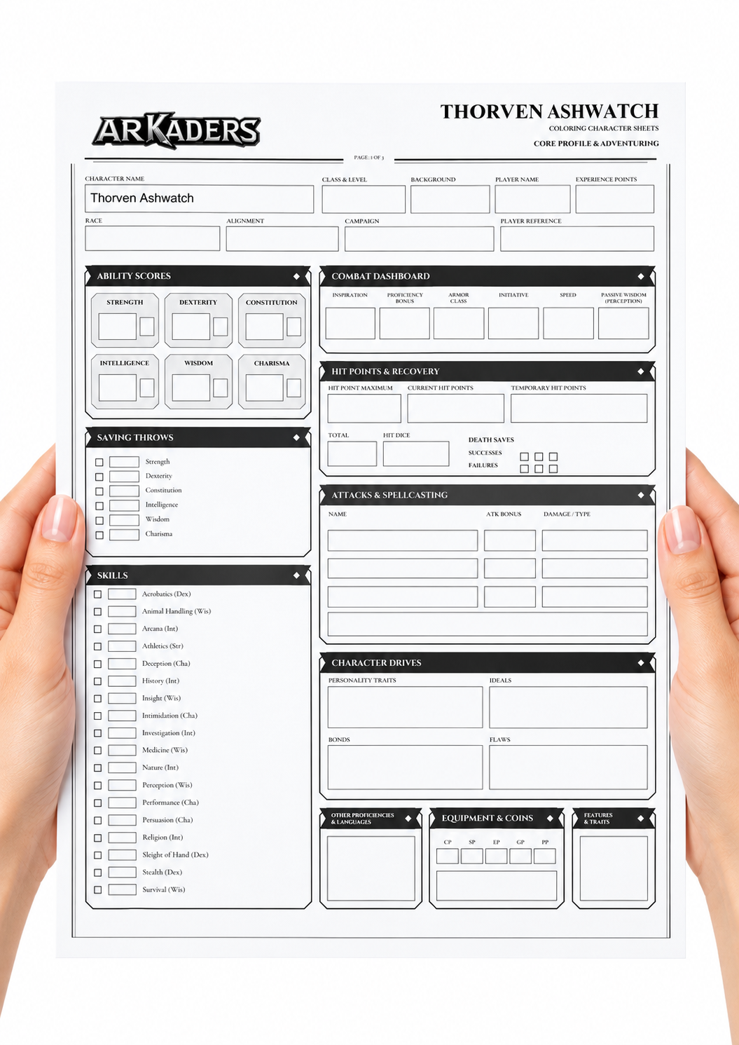 Thorven Ashwatch Coloring Character Sheet — fillable sheet held in hands