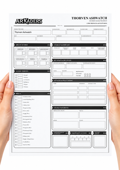 Thorven Ashwatch Coloring Character Sheet — fillable sheet held in hands