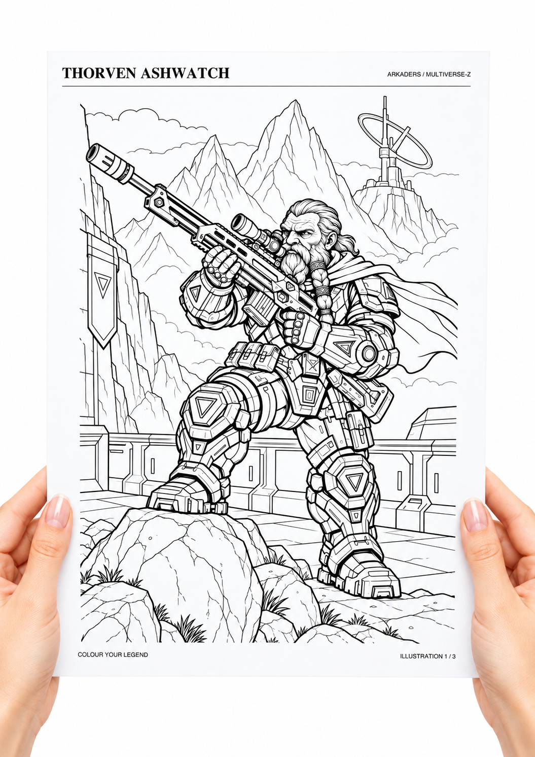 Thorven Ashwatch Coloring Character Sheet — coloring sheet held in hands
