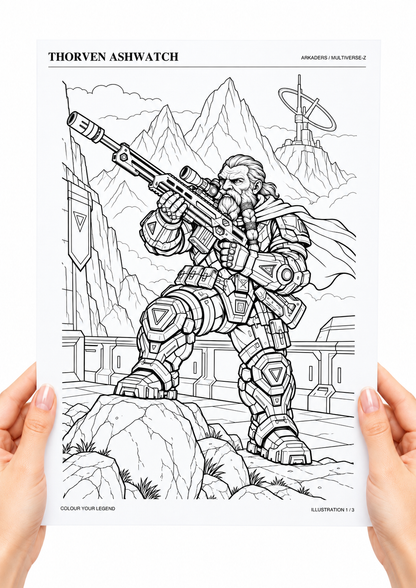 Thorven Ashwatch Coloring Character Sheet — coloring sheet held in hands