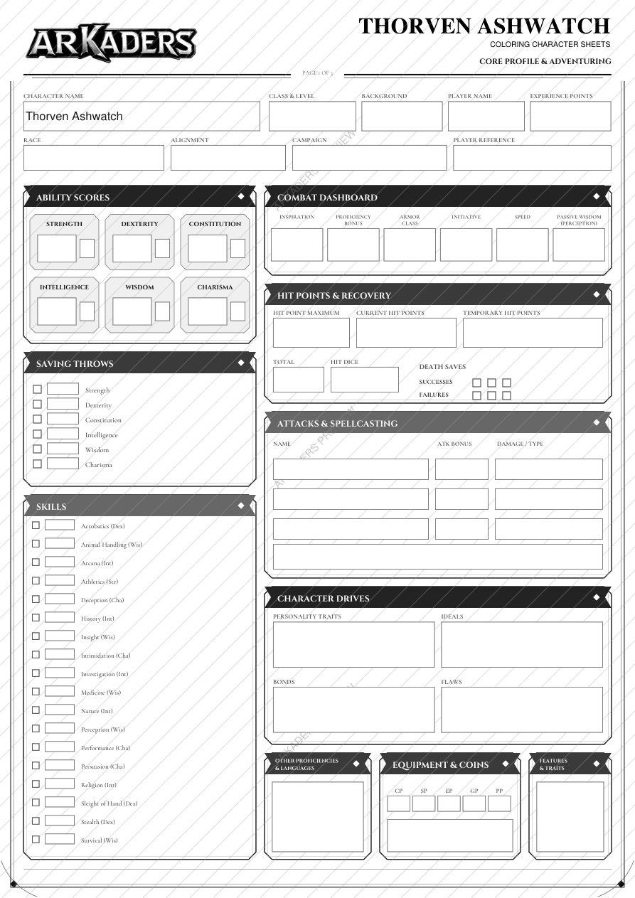 Thorven Ashwatch Coloring Character Sheet — protected preview page 1