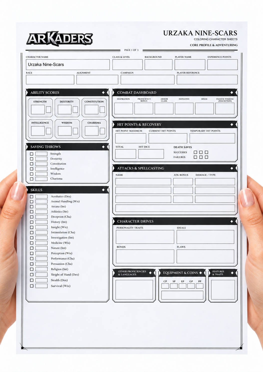 Urzaka Nine-Scars Coloring Character Sheet — hands holding front page