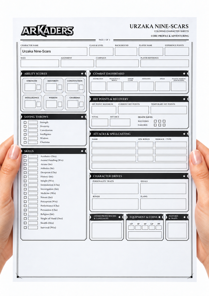 Urzaka Nine-Scars Coloring Character Sheet — hands holding front page