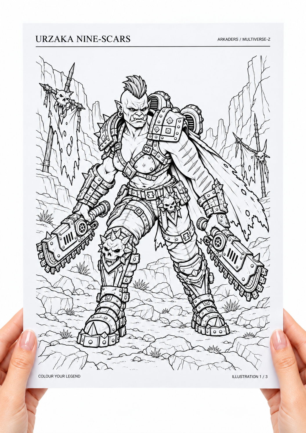 Urzaka Nine-Scars Coloring Character Sheet — hands holding coloring page