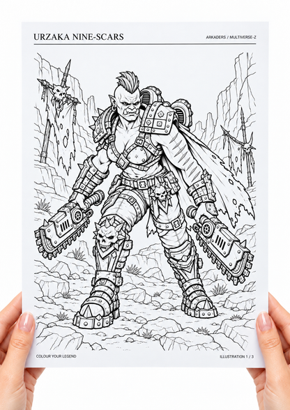 Urzaka Nine-Scars Coloring Character Sheet — hands holding coloring page