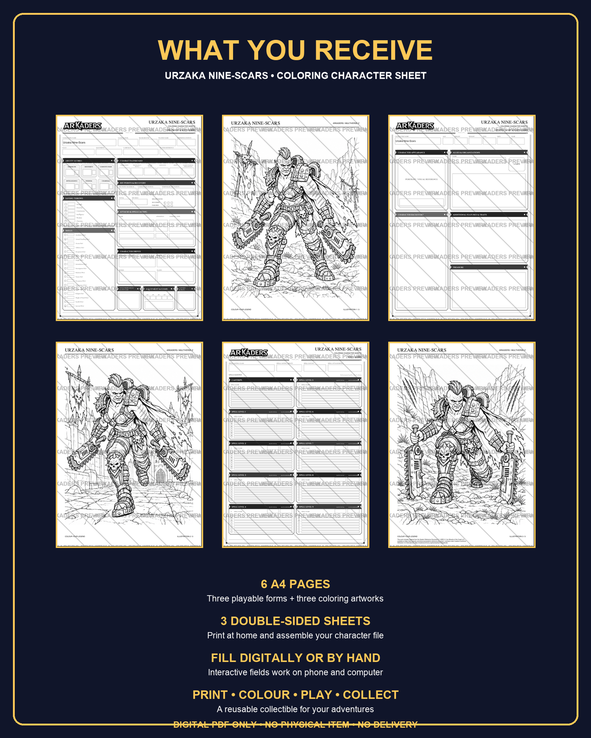 Urzaka Nine-Scars Coloring Character Sheet — six-page contents