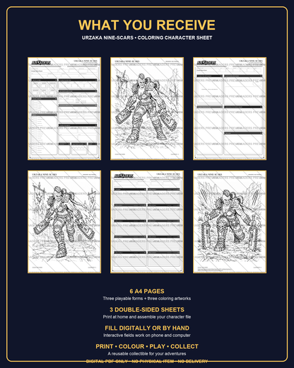 Urzaka Nine-Scars Coloring Character Sheet — six-page contents