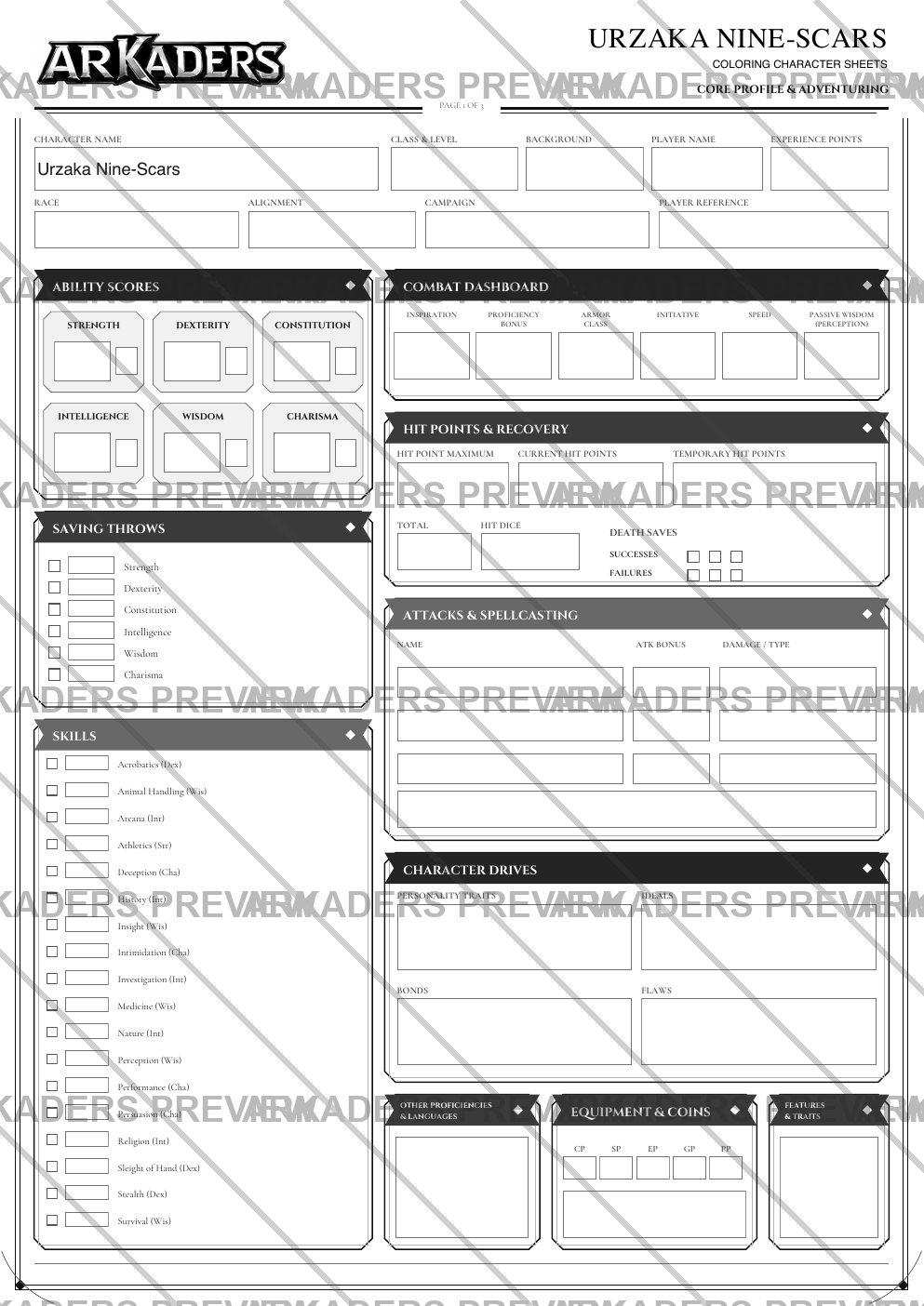 Urzaka Nine-Scars Coloring Character Sheet — protected preview page 1