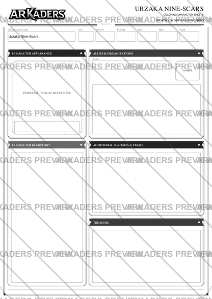 Urzaka Nine-Scars Coloring Character Sheet — protected preview page 3