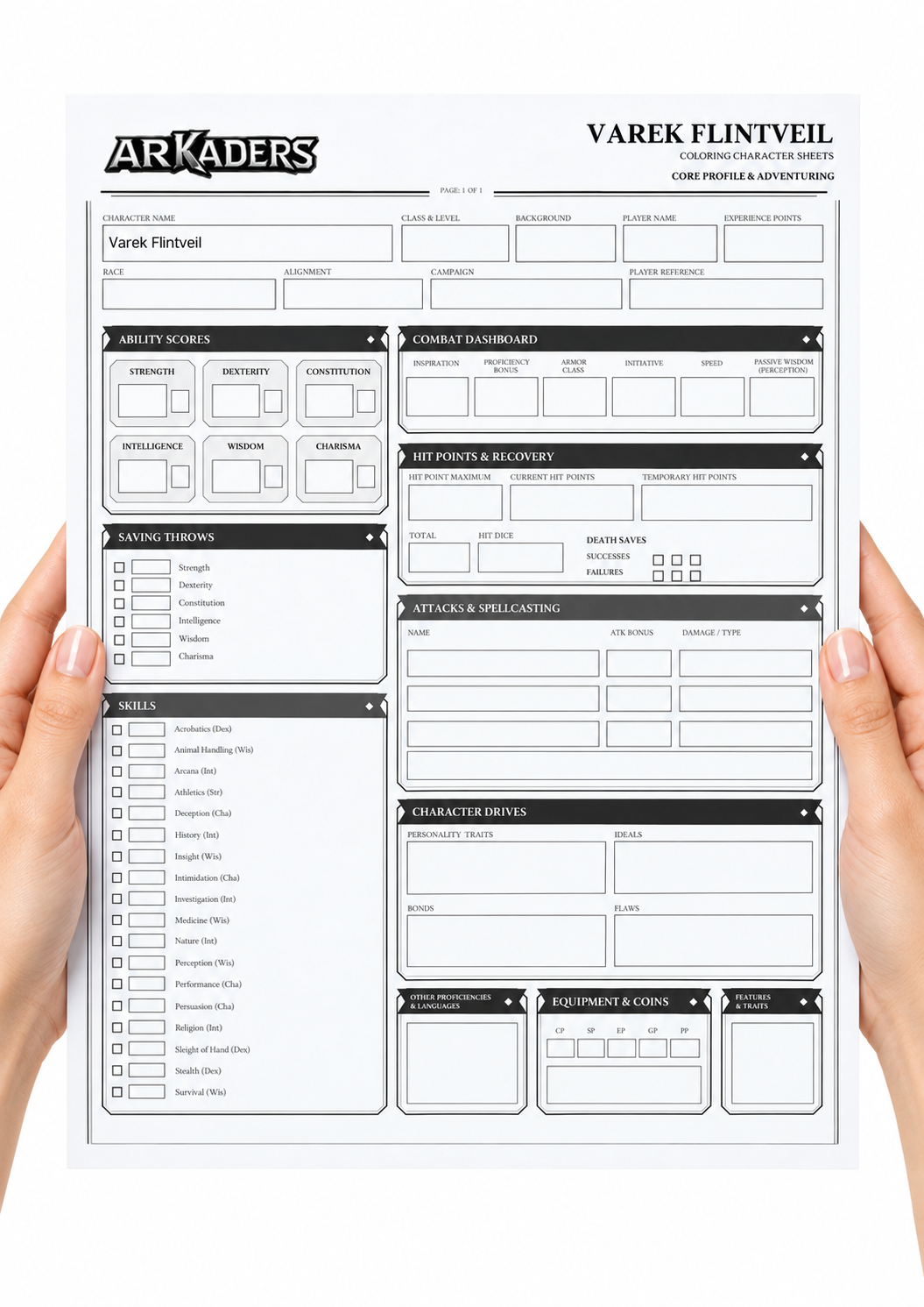 Varek Flintveil Coloring Character Sheet — fillable sheet held in hands