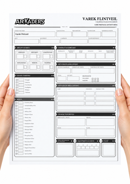 Varek Flintveil Coloring Character Sheet — fillable sheet held in hands