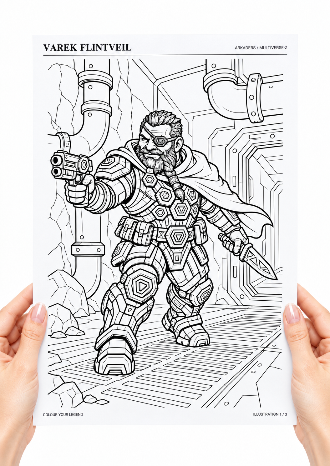 Varek Flintveil Coloring Character Sheet — coloring sheet held in hands