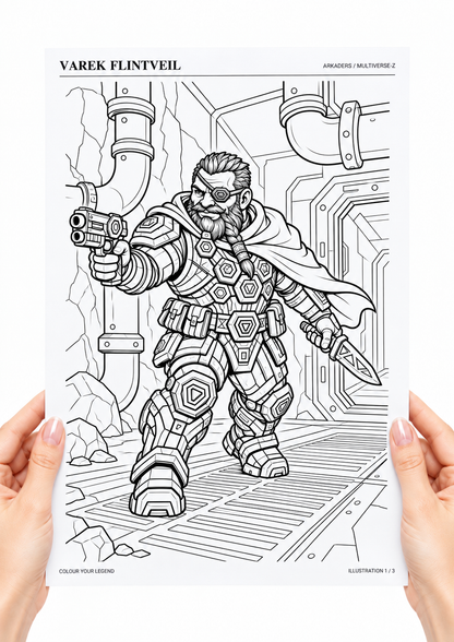 Varek Flintveil Coloring Character Sheet — coloring sheet held in hands