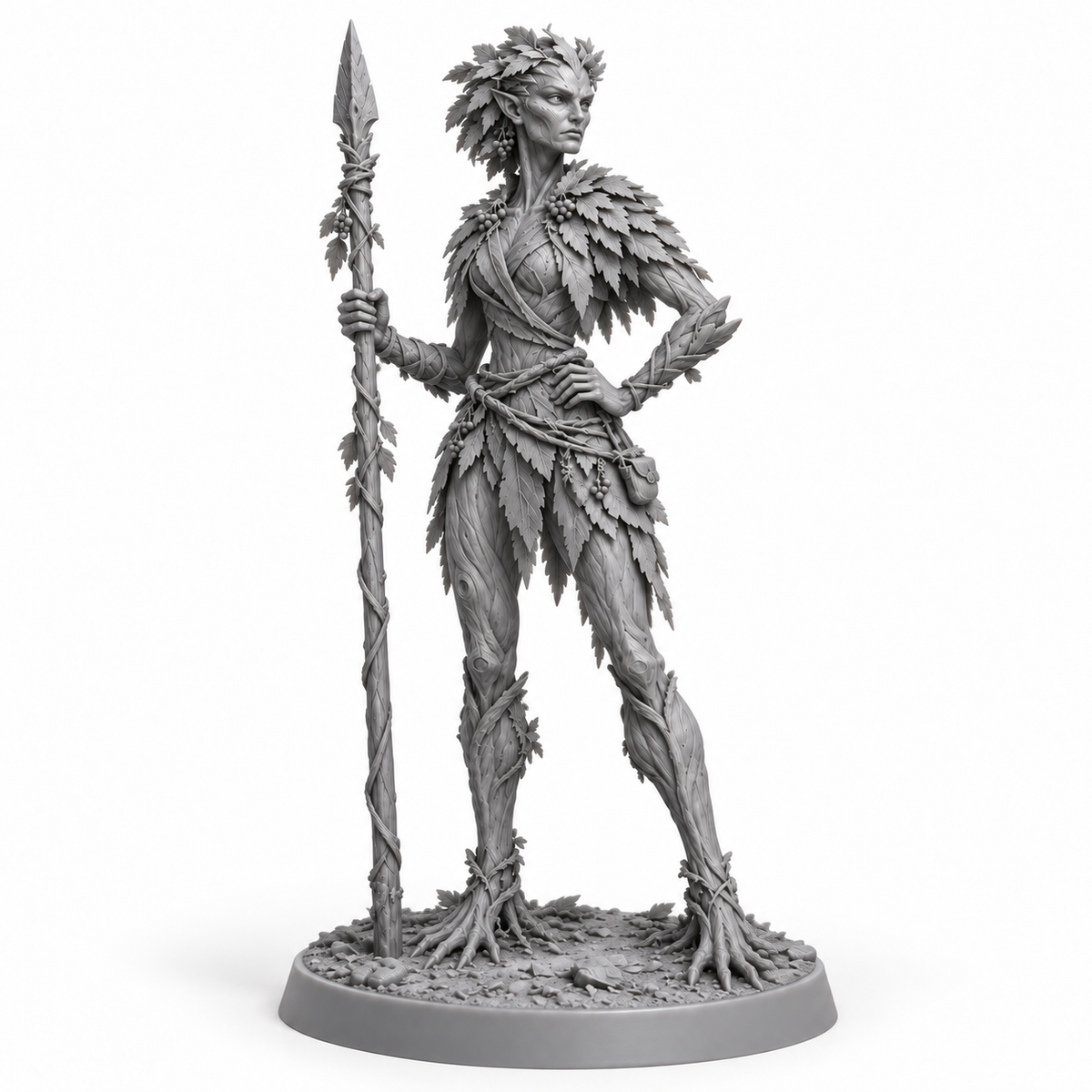 veyra Treebas druid — unpainted grey-resin concept, three-quarter