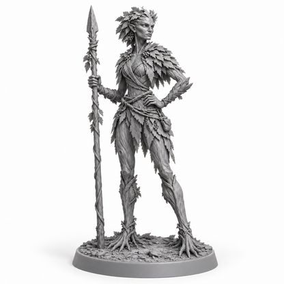 veyra Treebas druid — unpainted grey-resin concept, three-quarter