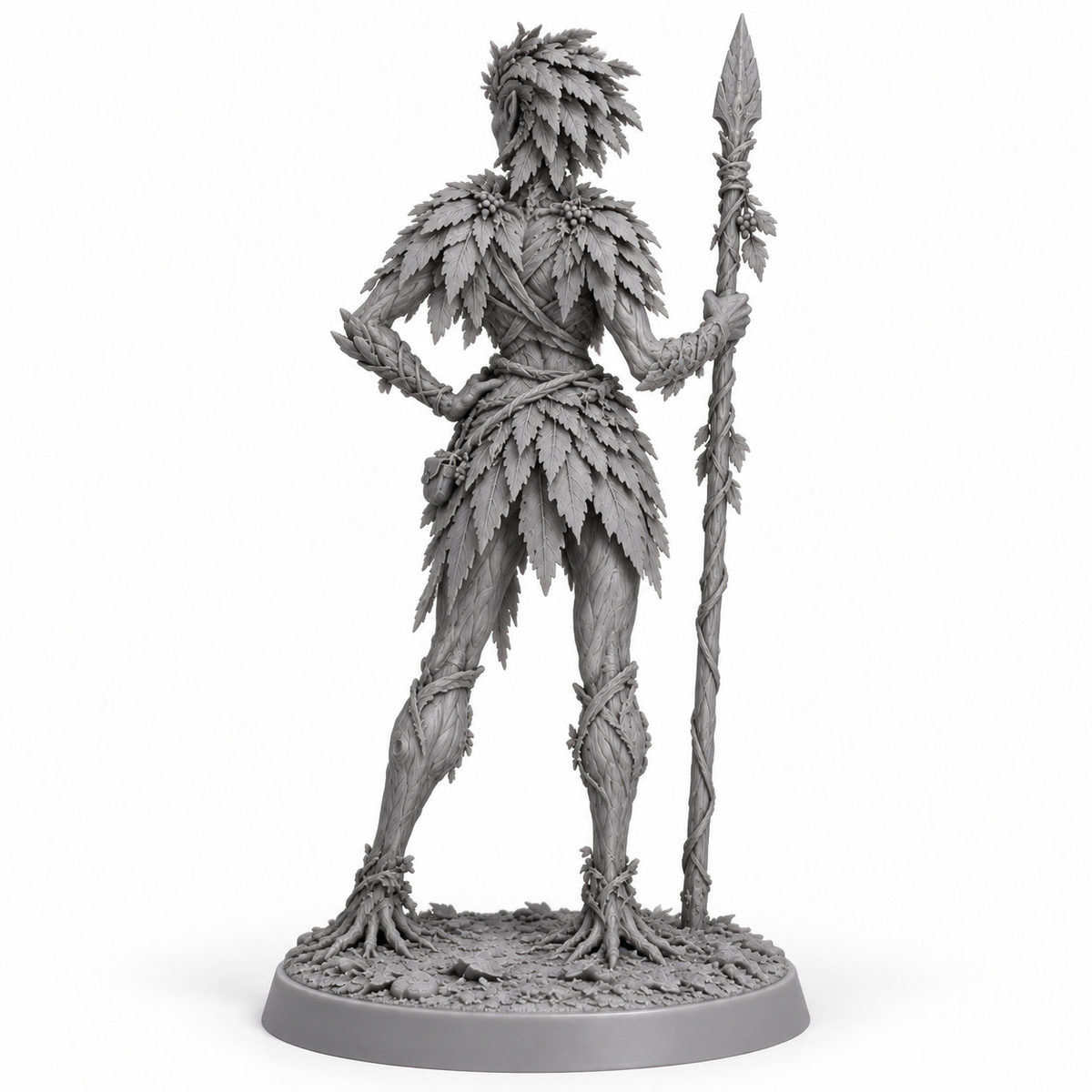 veyra Treebas druid — unpainted grey-resin concept, back