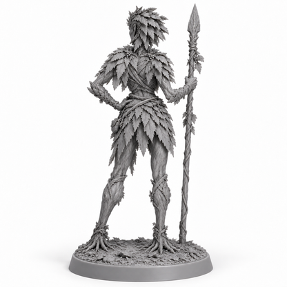 veyra Treebas druid — unpainted grey-resin concept, back