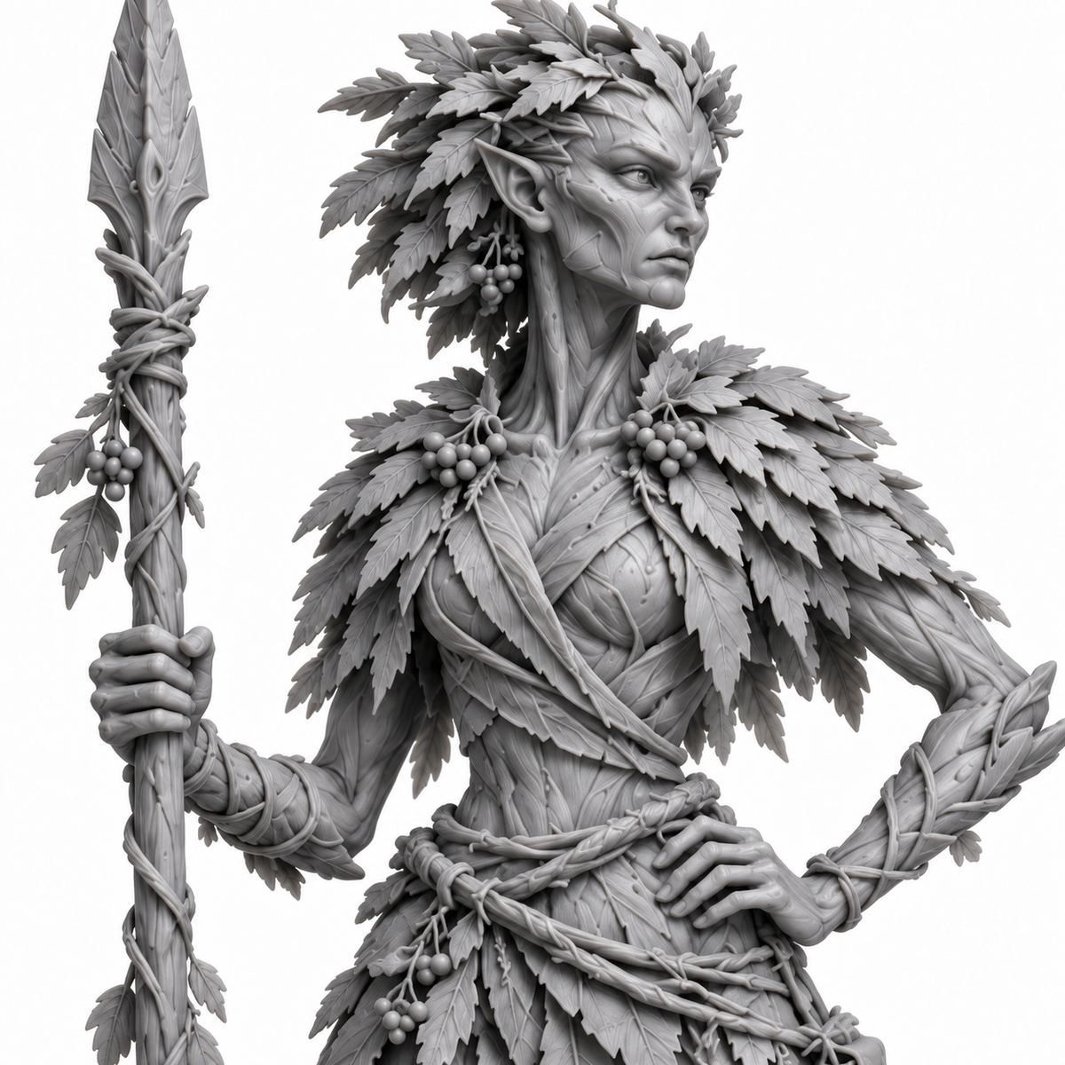 veyra Treebas druid — unpainted grey-resin concept, detail