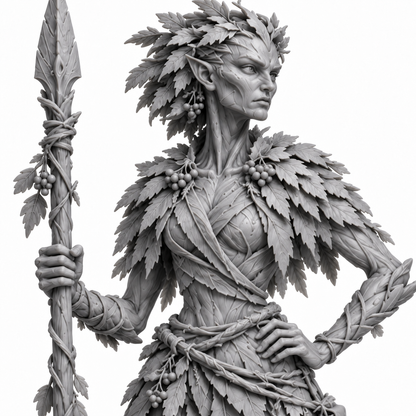 veyra Treebas druid — unpainted grey-resin concept, detail